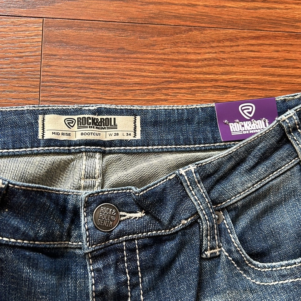 ROCK&ROLL‎ DENIM MID RISE STRETCH AZTEC LEATHER EMBROIDERED BOOTCUT JEANS -28x34 - Picture 5 of 12